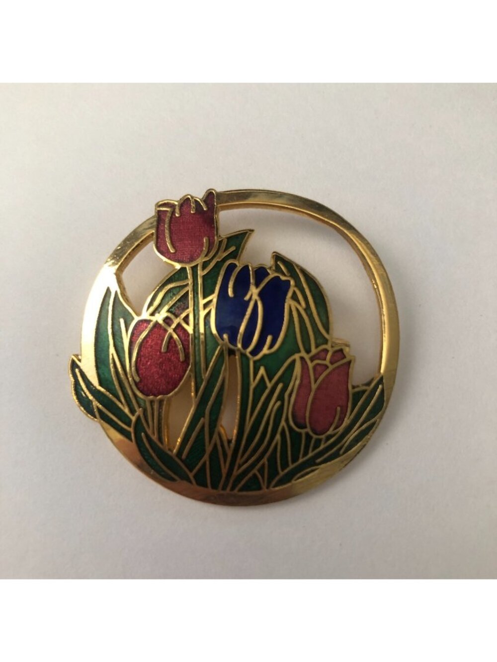 Vintage Behave Tulips Openwork Round Brooch Pin Pink Enamel & Gold Tone 1.5" D